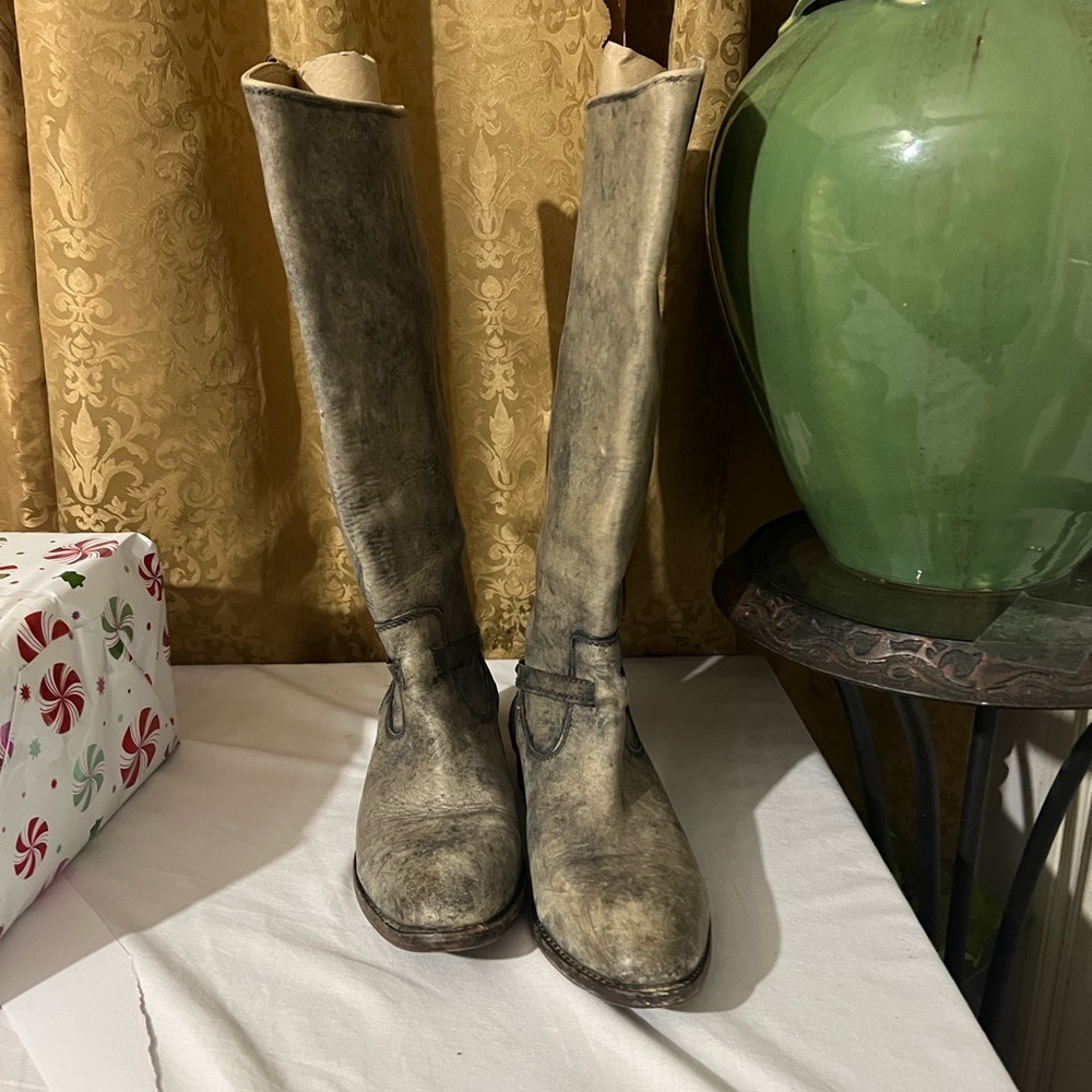 Frye Distressed Gray Leather Boots - Picture 2 of 8